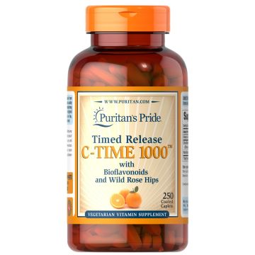 Puritan's Pride C Time 1000 TM with Bioflavonoids and Wild Rose Hips 250 Coated Capsules 4073