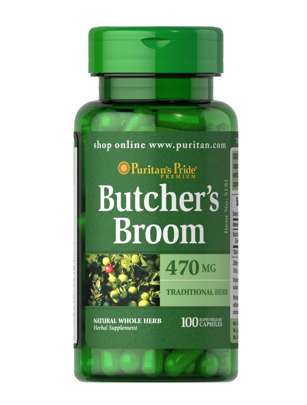 Puritan's Pride Butcher's Broom 470 mg 100 Capsules 5181